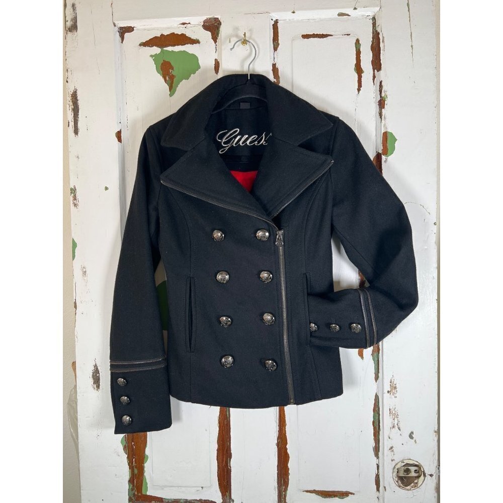 Guess Size XS Navy Wool Jacket DB Button Zip Cross between Moto Peacoat Military - Picture 7 of 16